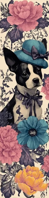 Free dog bookmarks featuring a cream bookmark with a dog and blue hat